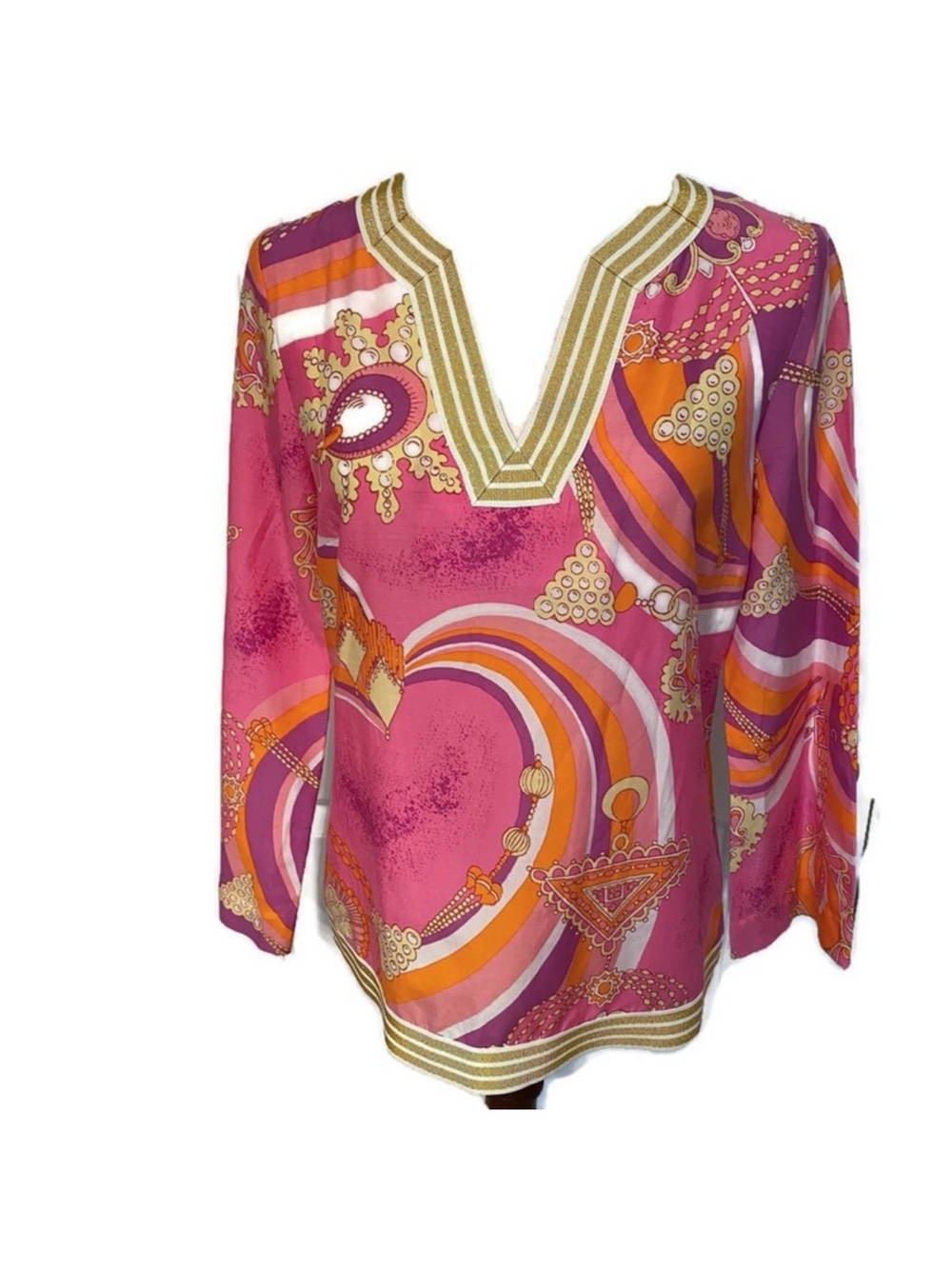 JULES REID TOP TUNIC PINK WHITE GOLD JEWELS PRINT USA SIZE 4